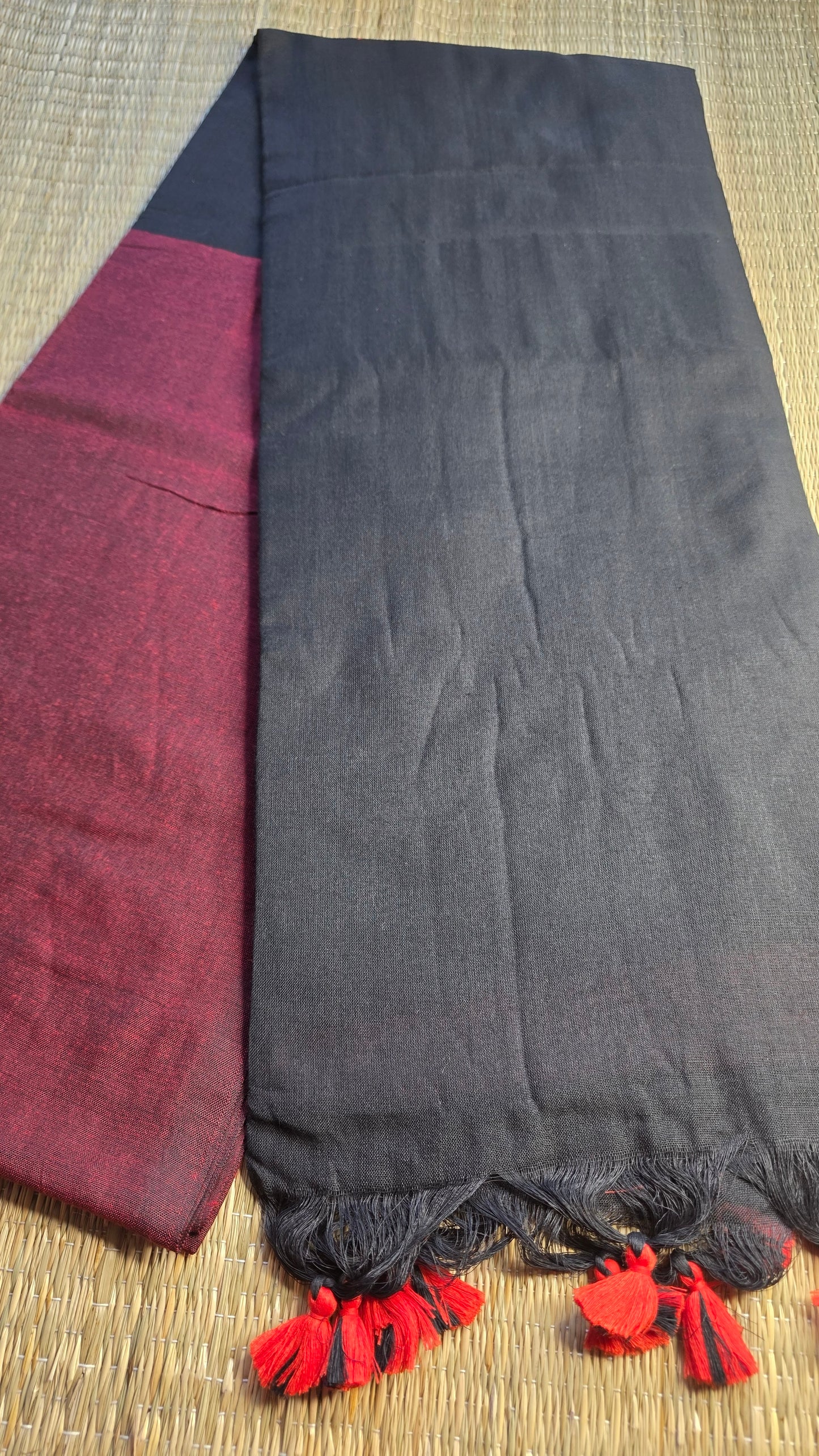Maroon- Black Khadi Cotton Saree