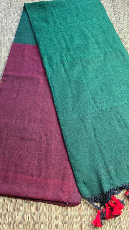Maroon- Green Khadi Cotton Saree