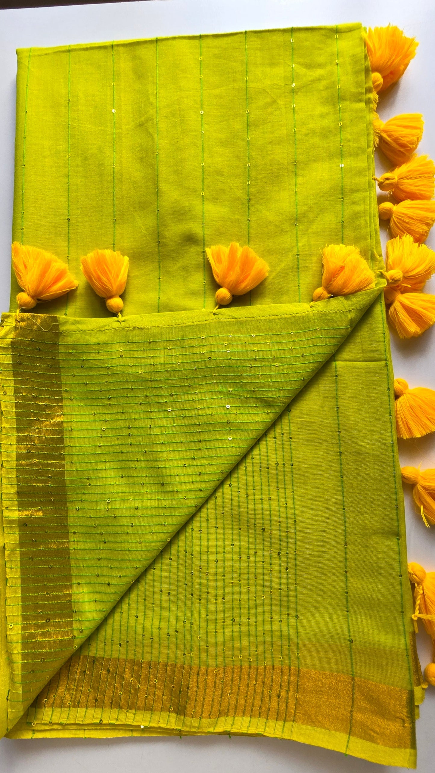Lime Green -Mulmul Sequin Saree with Border