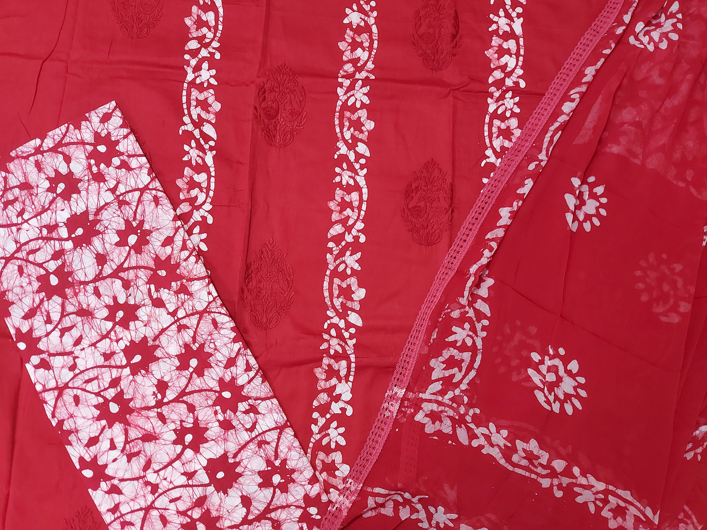 Red Cotton Batik Embroidery Salwar Set (3 Piece)