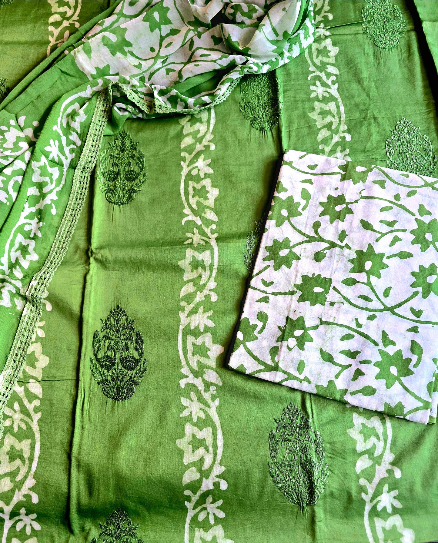 Red Cotton Batik Embroidery Salwar Set (3 Piece)