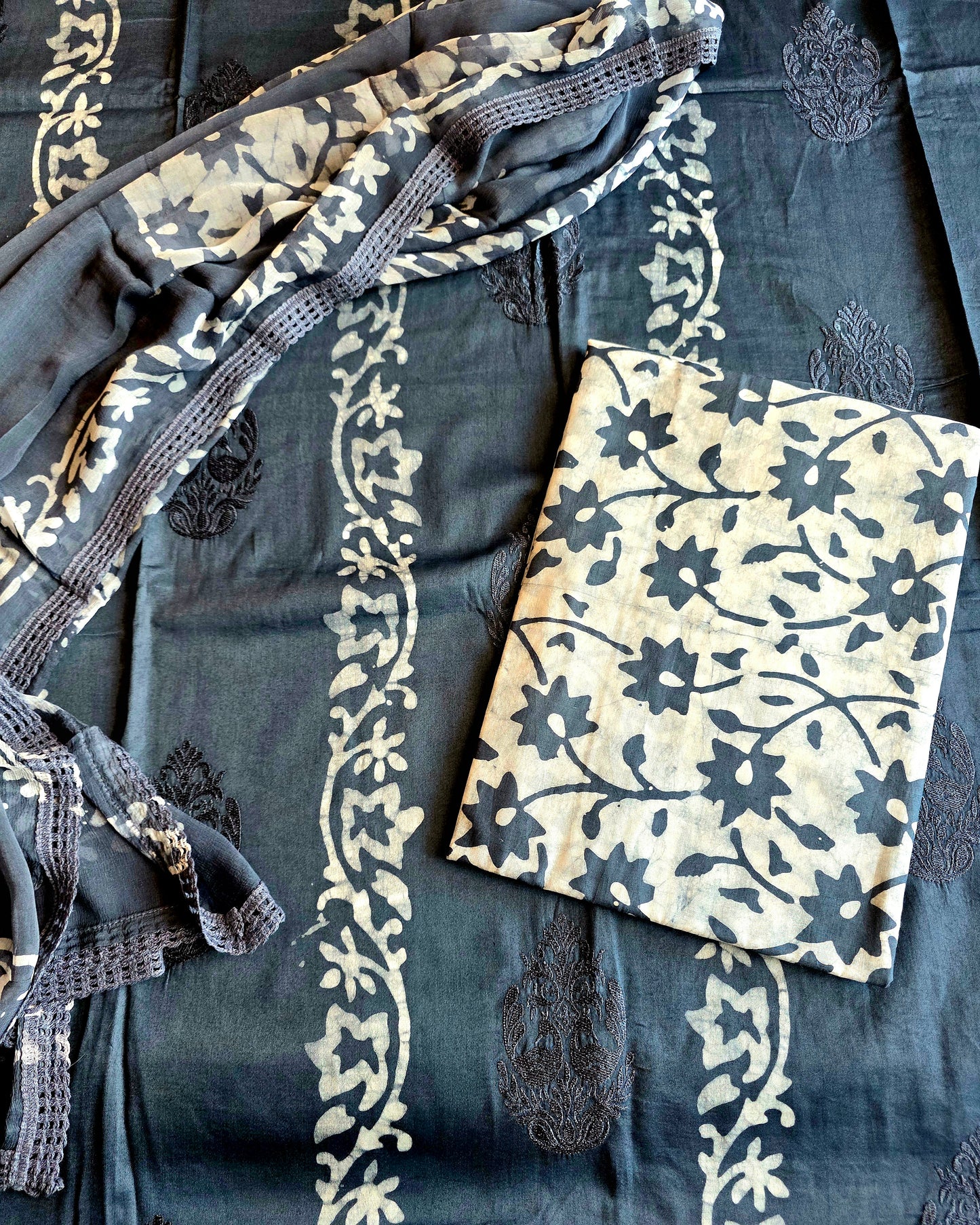 Red Cotton Batik Embroidery Salwar Set (3 Piece)