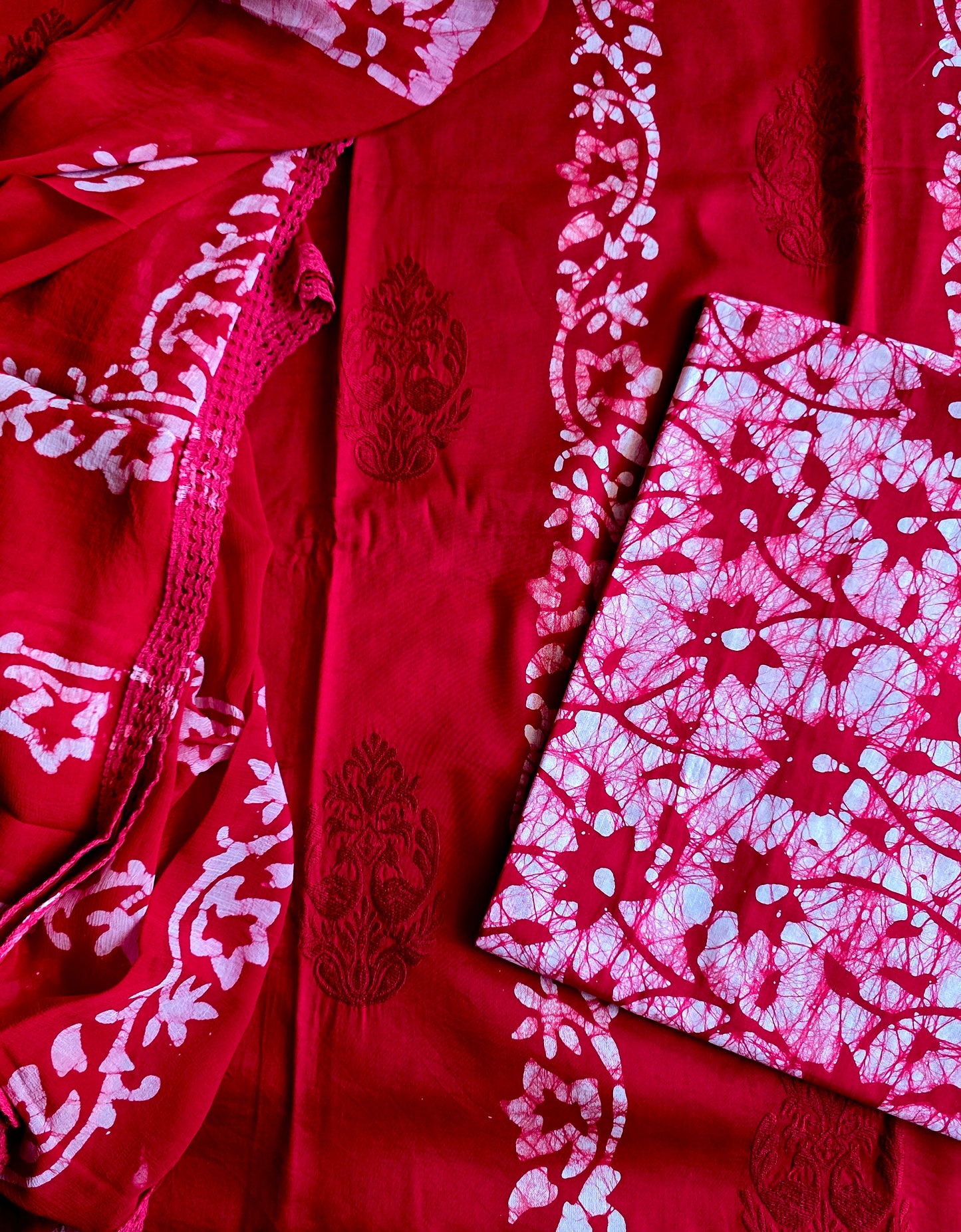 Red Cotton Batik Embroidery Salwar Set (3 Piece)