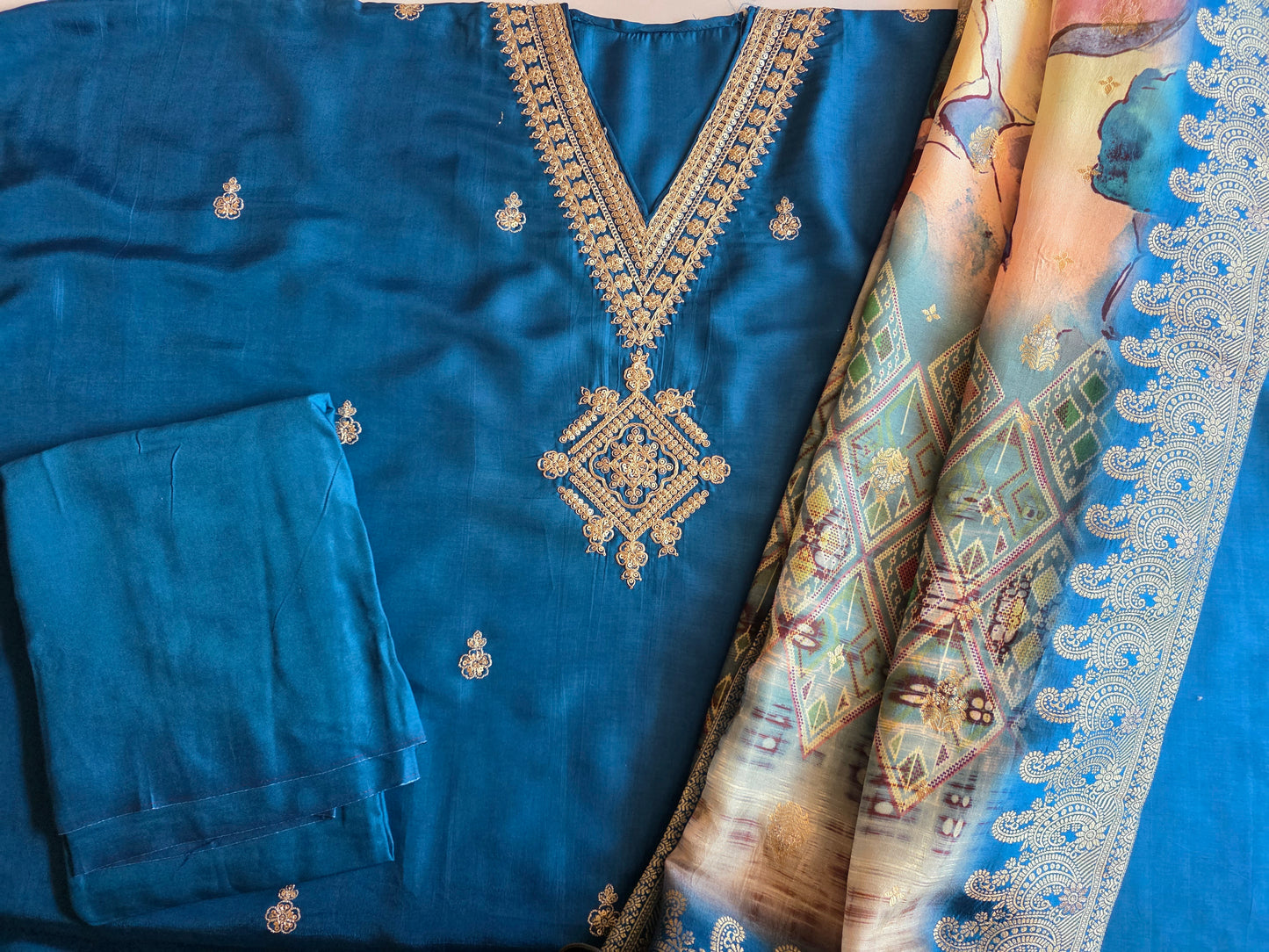 Blue-Zari Party Wear Salwar Set (3 Piece)