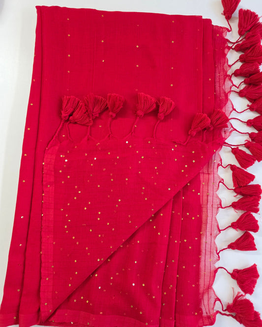 Red-Mul mul Sequin Saree