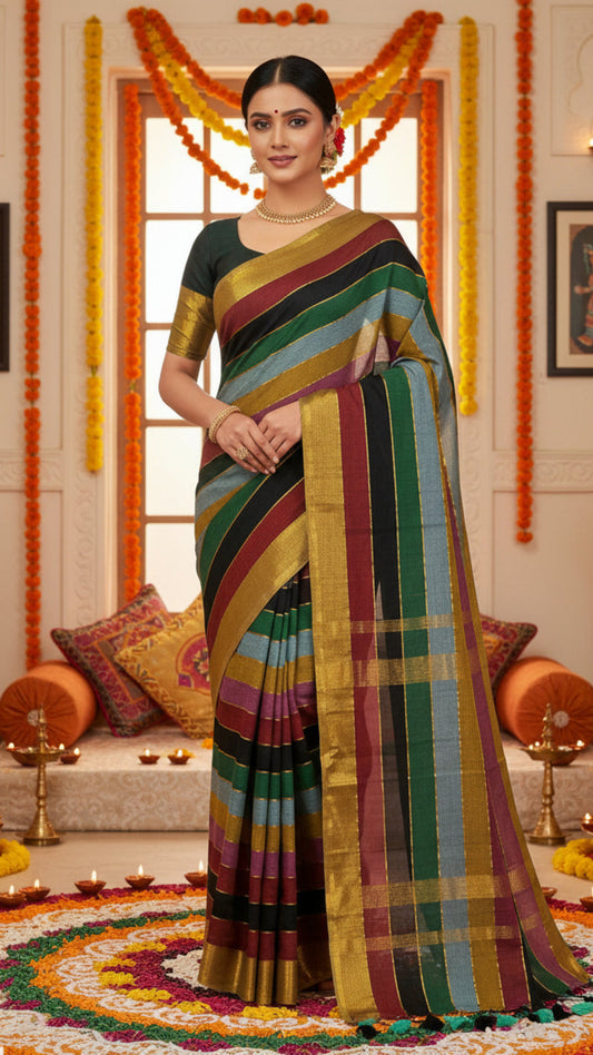 Multicolour Mulmul Saree - Dark