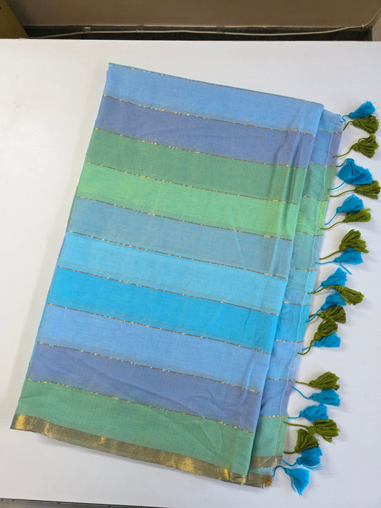 Blue Green Multicolour Mulmul Saree