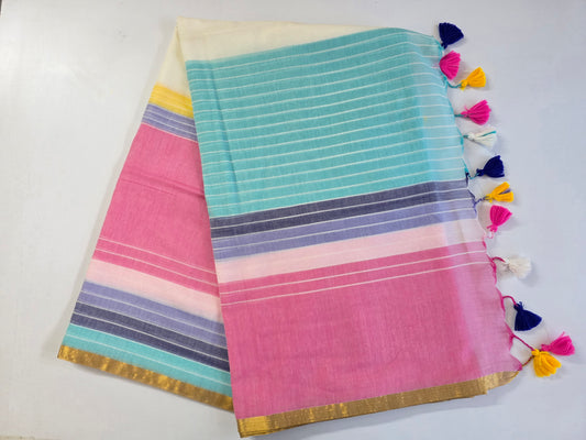 Pink- Green Multicolour Mulmul Saree