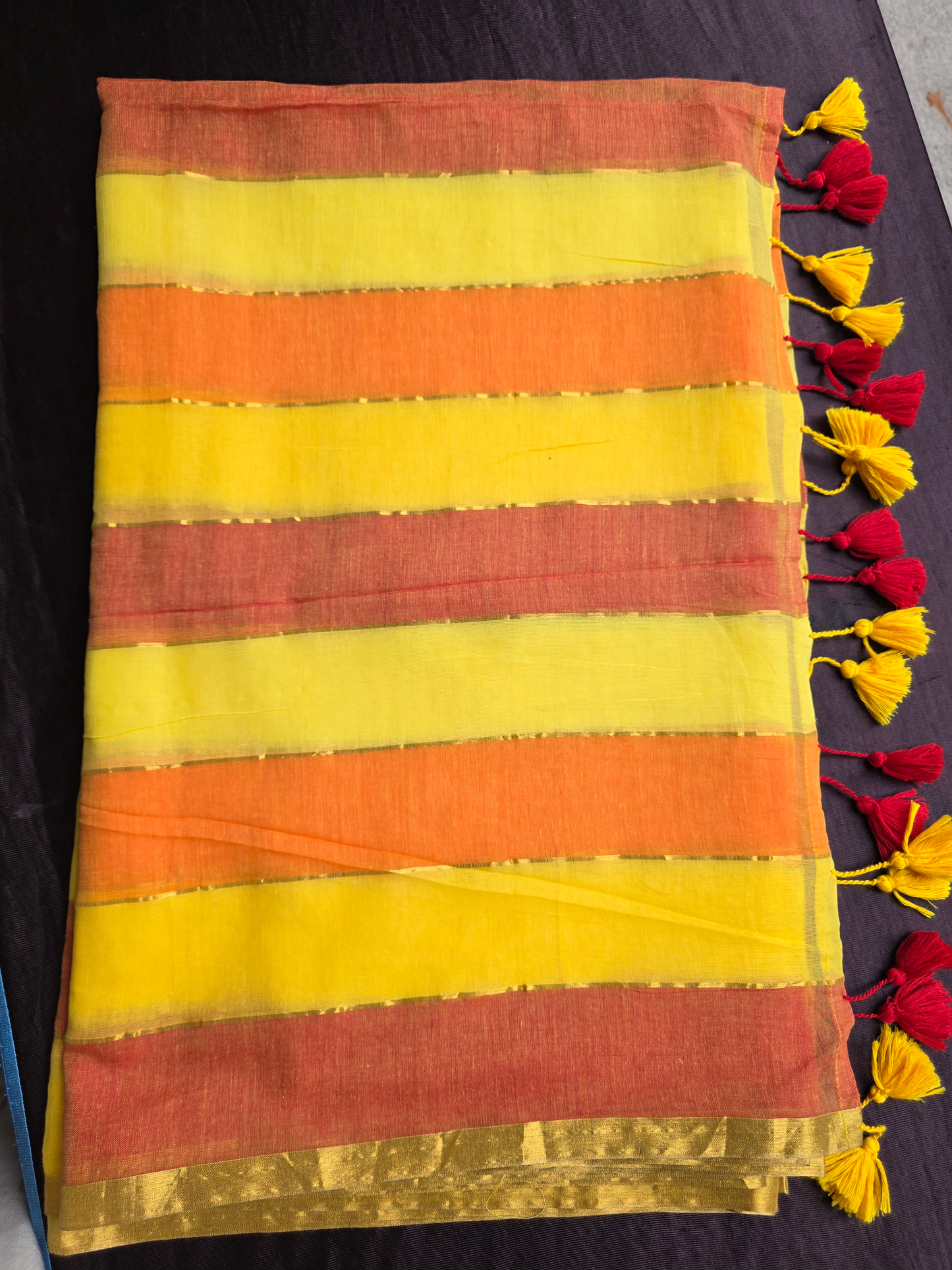 Red Yellow Multicolour Mulmul Saree