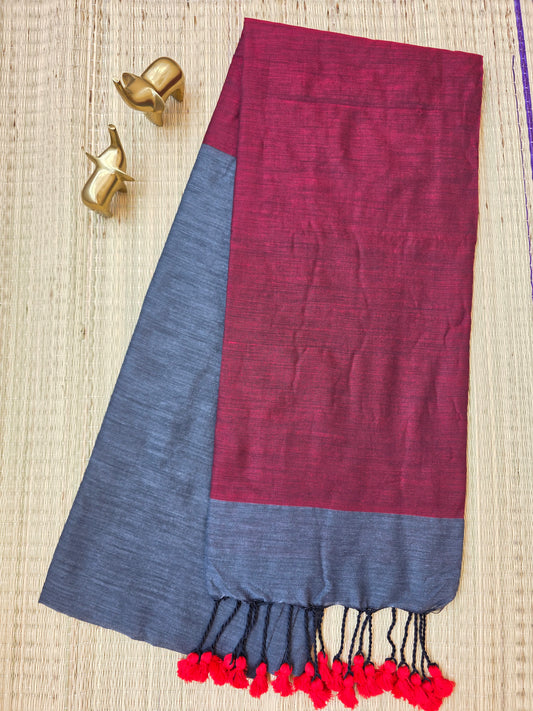 Grey- Maroon Khadi Cotton Saree