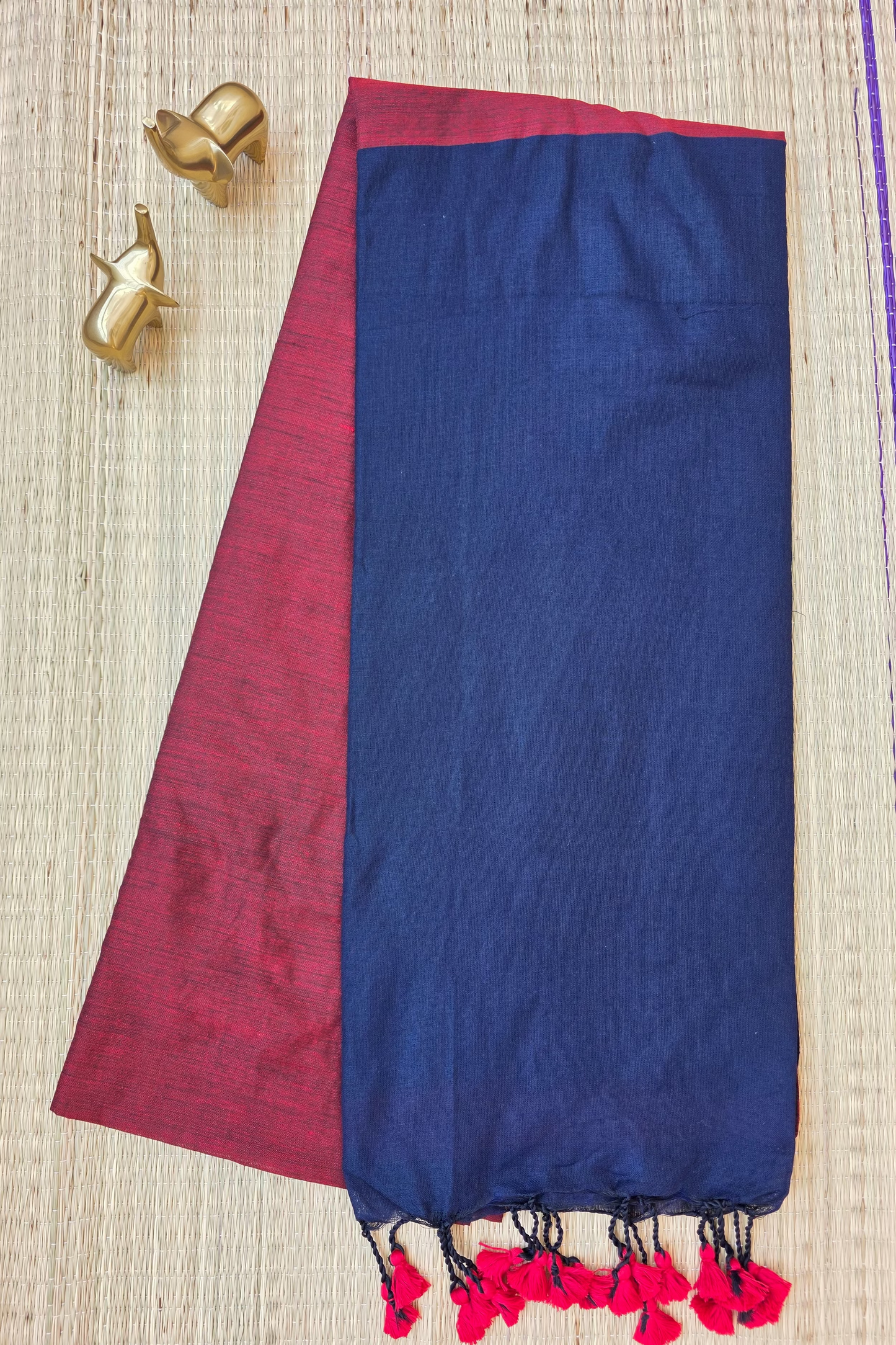 Maroon - Blue Khadi Cotton Saree