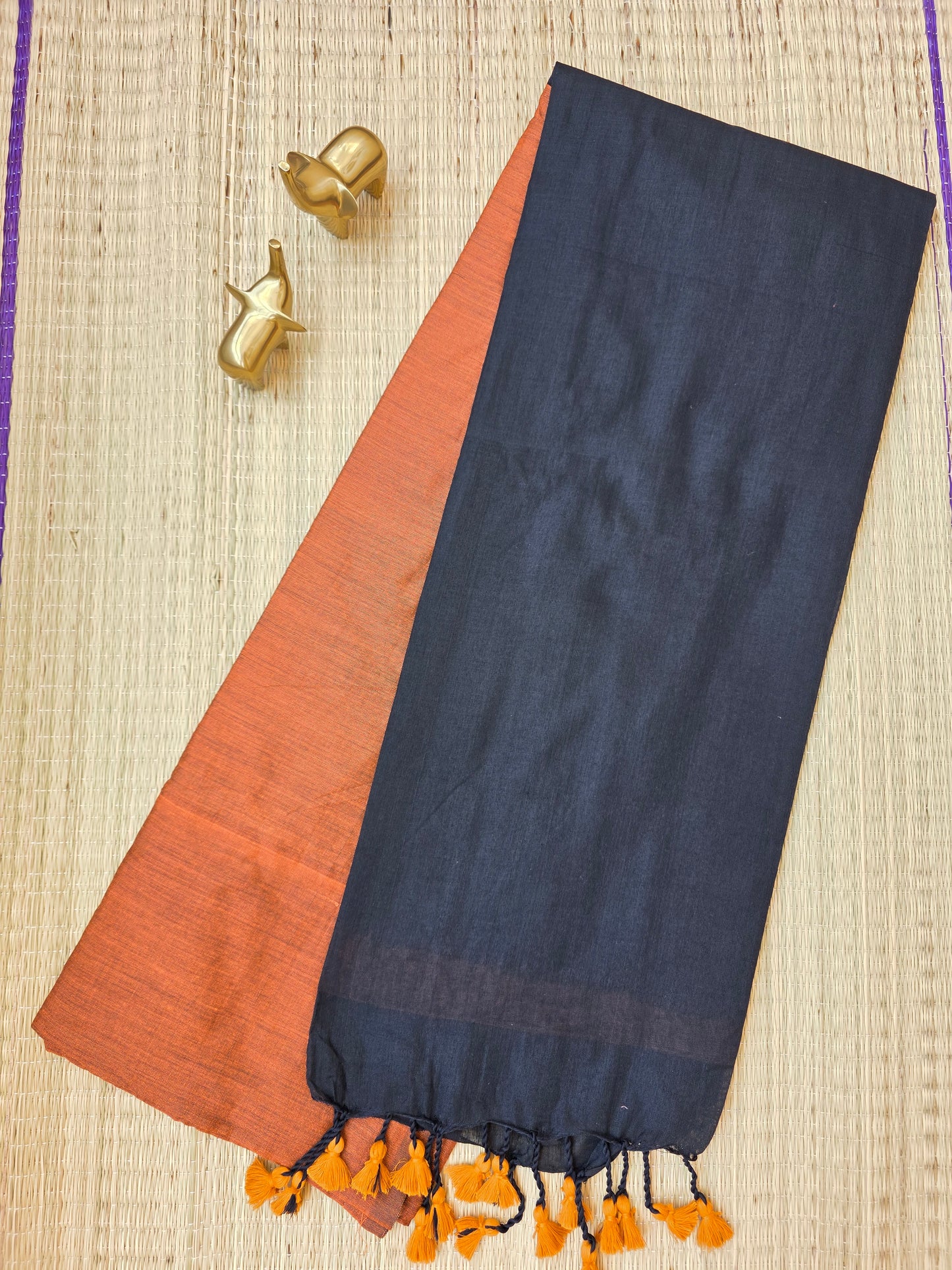 Orange - Black Khadi Cotton Saree