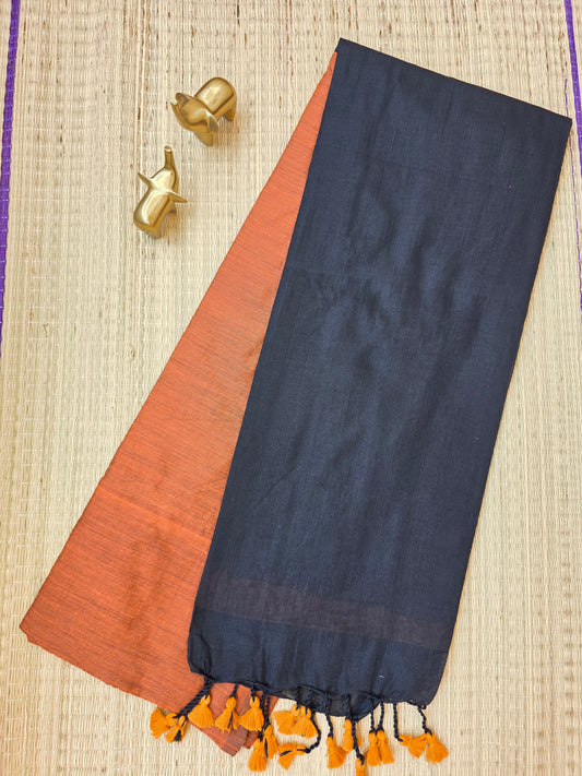 Orange - Black Khadi Cotton Saree