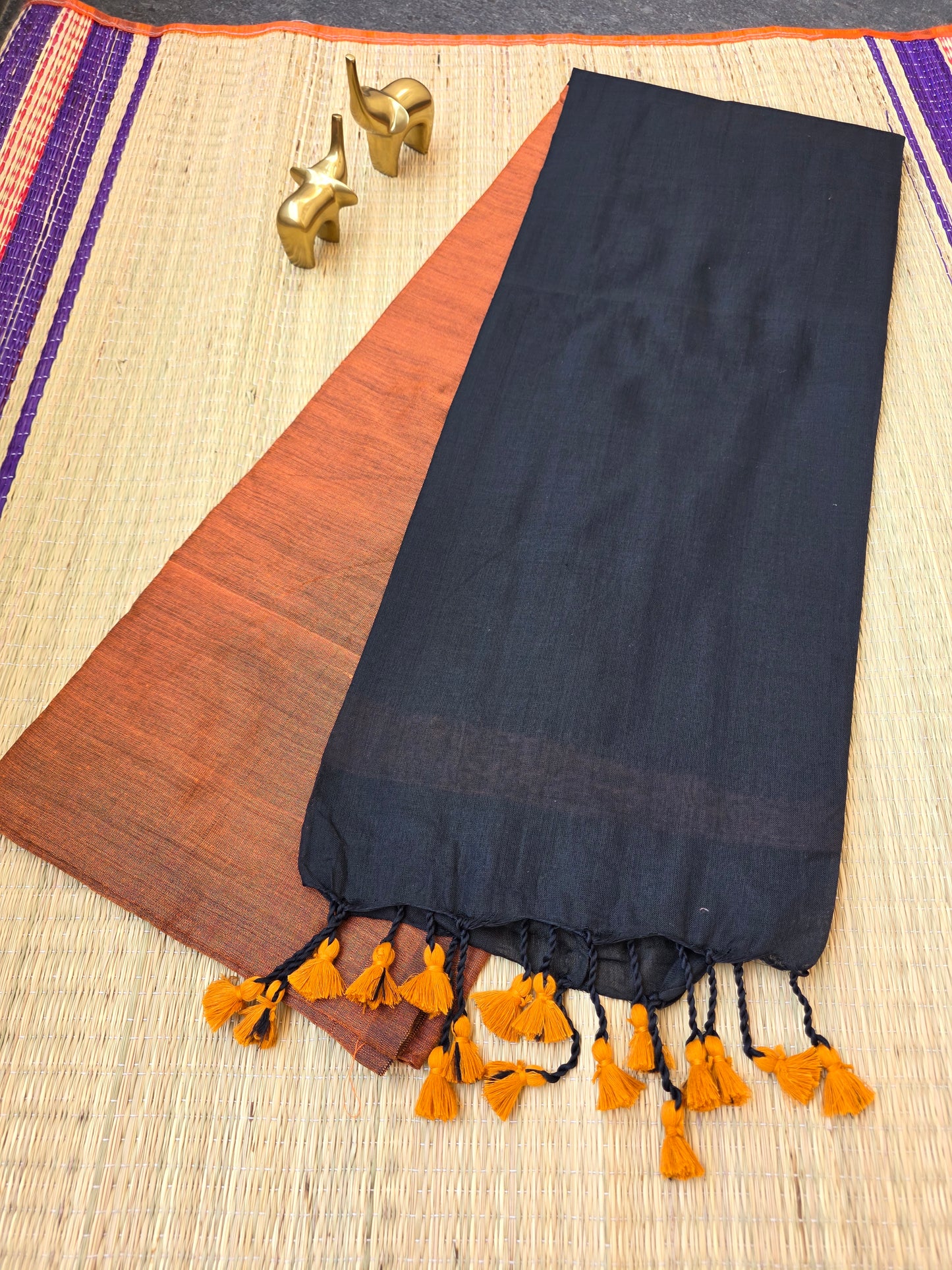 Orange - Black Khadi Cotton Saree