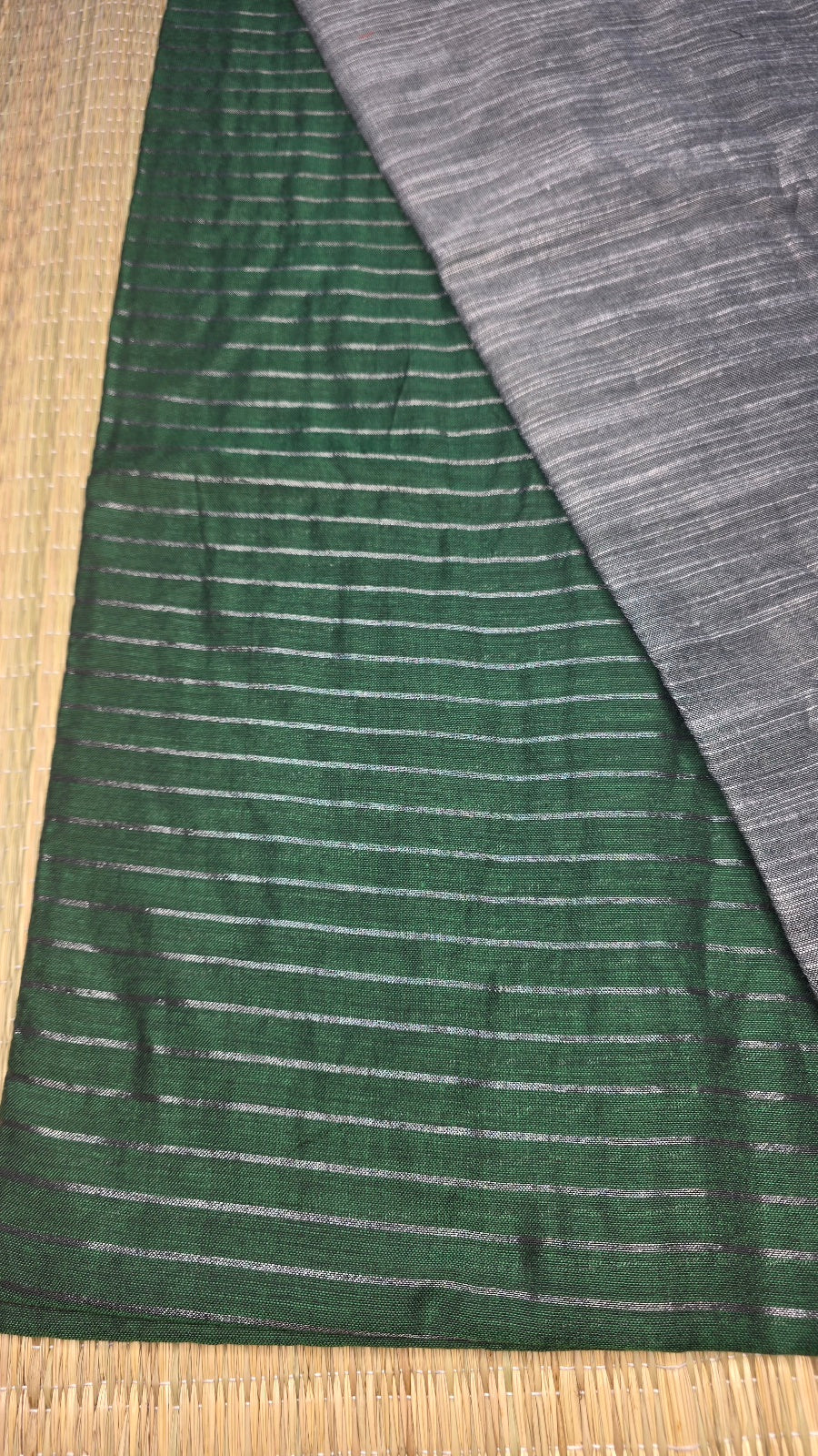 Deep Emerald Green Khadi Cotton Saree with Silver Zari Stripes and Grey Pallu