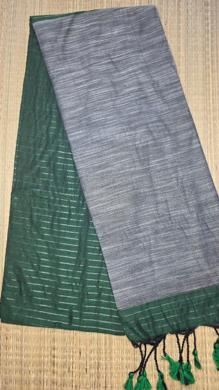 Deep Emerald Green Khadi Cotton Saree with Silver Zari Stripes and Grey Pallu