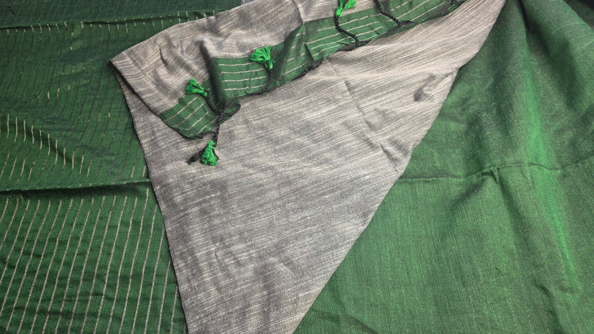 Deep Emerald Green Khadi Cotton Saree with Silver Zari Stripes and Grey Pallu