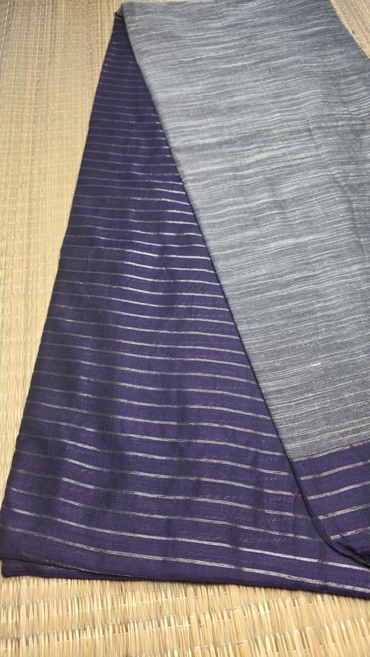 Purple Khadi Cotton Saree with Silver Zari Stripes and Grey Pallu