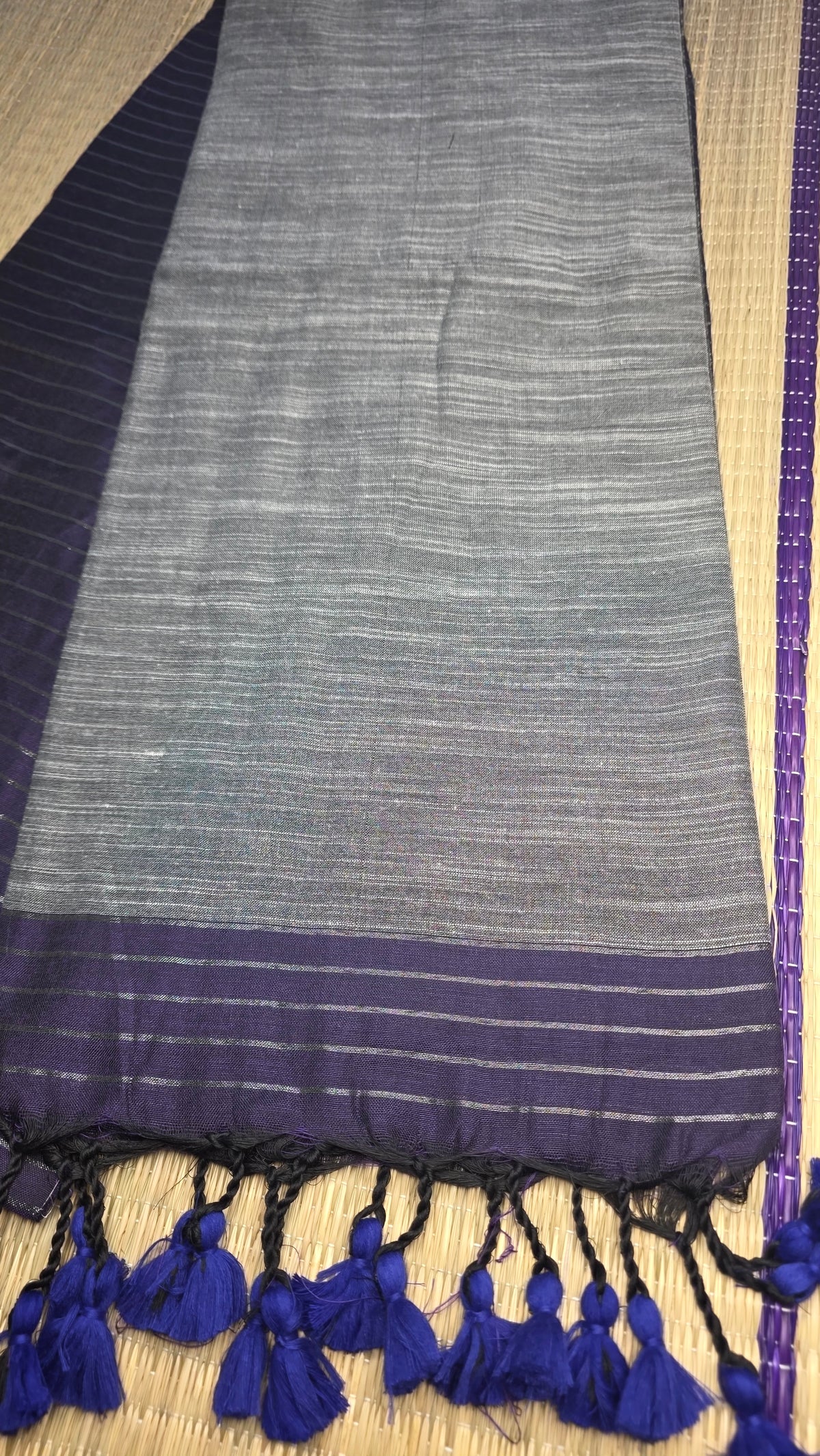 Purple Khadi Cotton Saree with Silver Zari Stripes and Grey Pallu