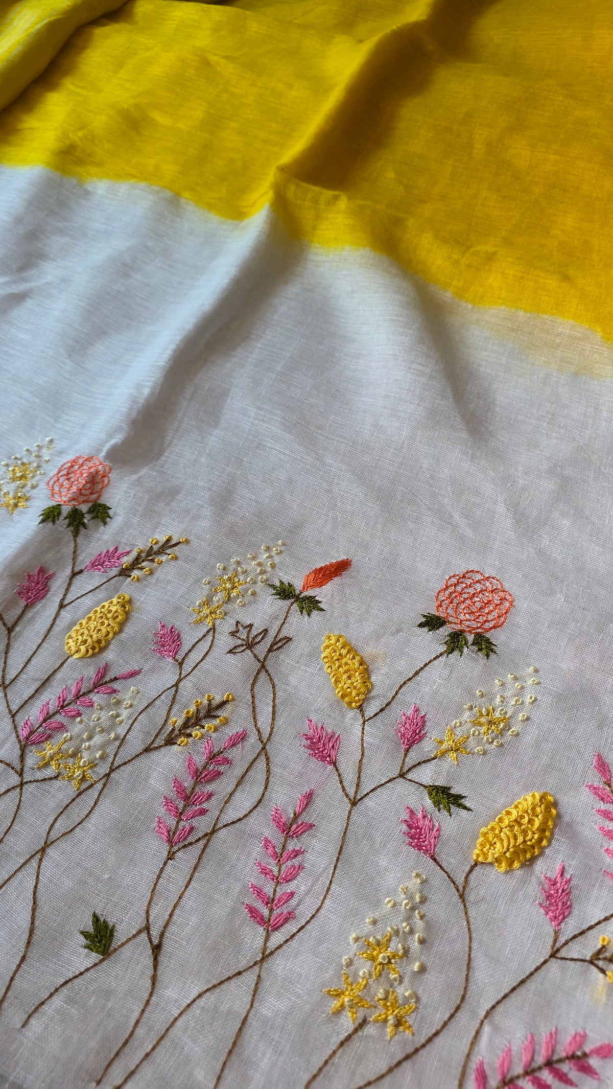 White & Yellow Handloom Linen Saree with Hand-Embroidered Florals