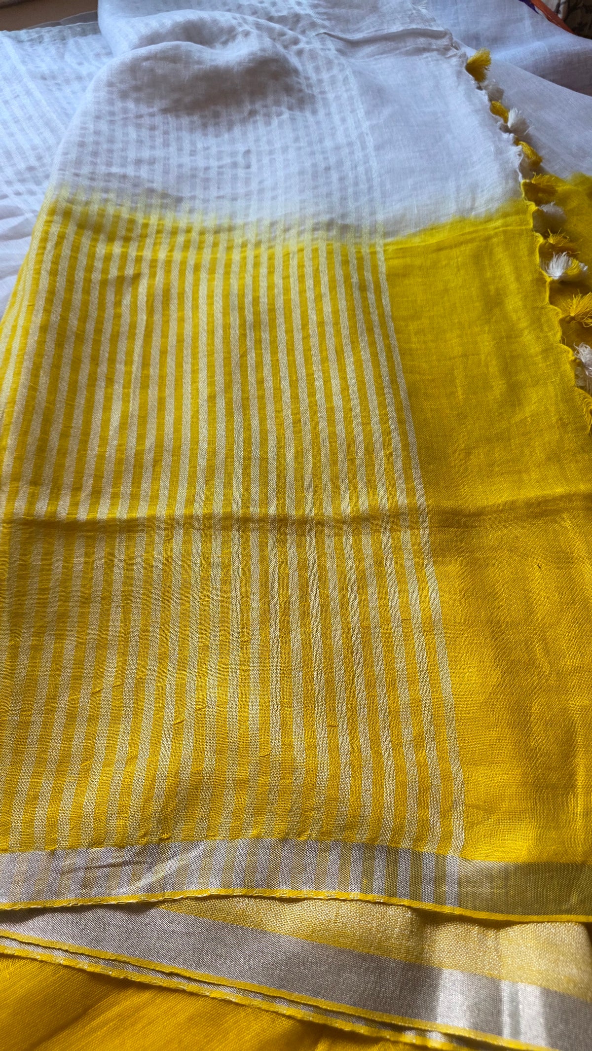 White & Yellow Handloom Linen Saree with Hand-Embroidered Florals