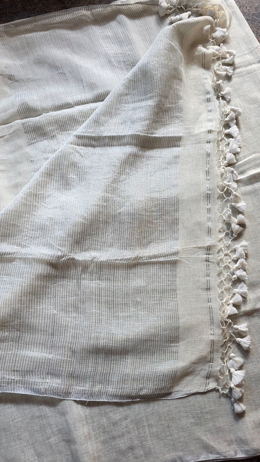 Off-White Handloom Linen Saree with Silver Striped Pallu
