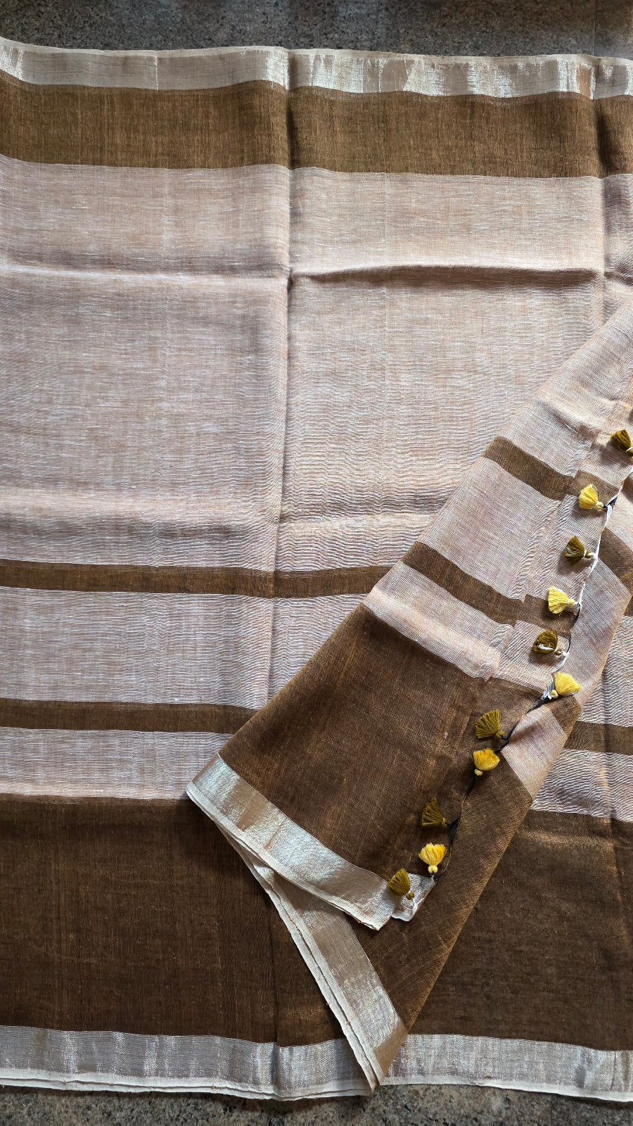 Beige & Brown Striped Handloom Linen Saree with Silver Zari Border