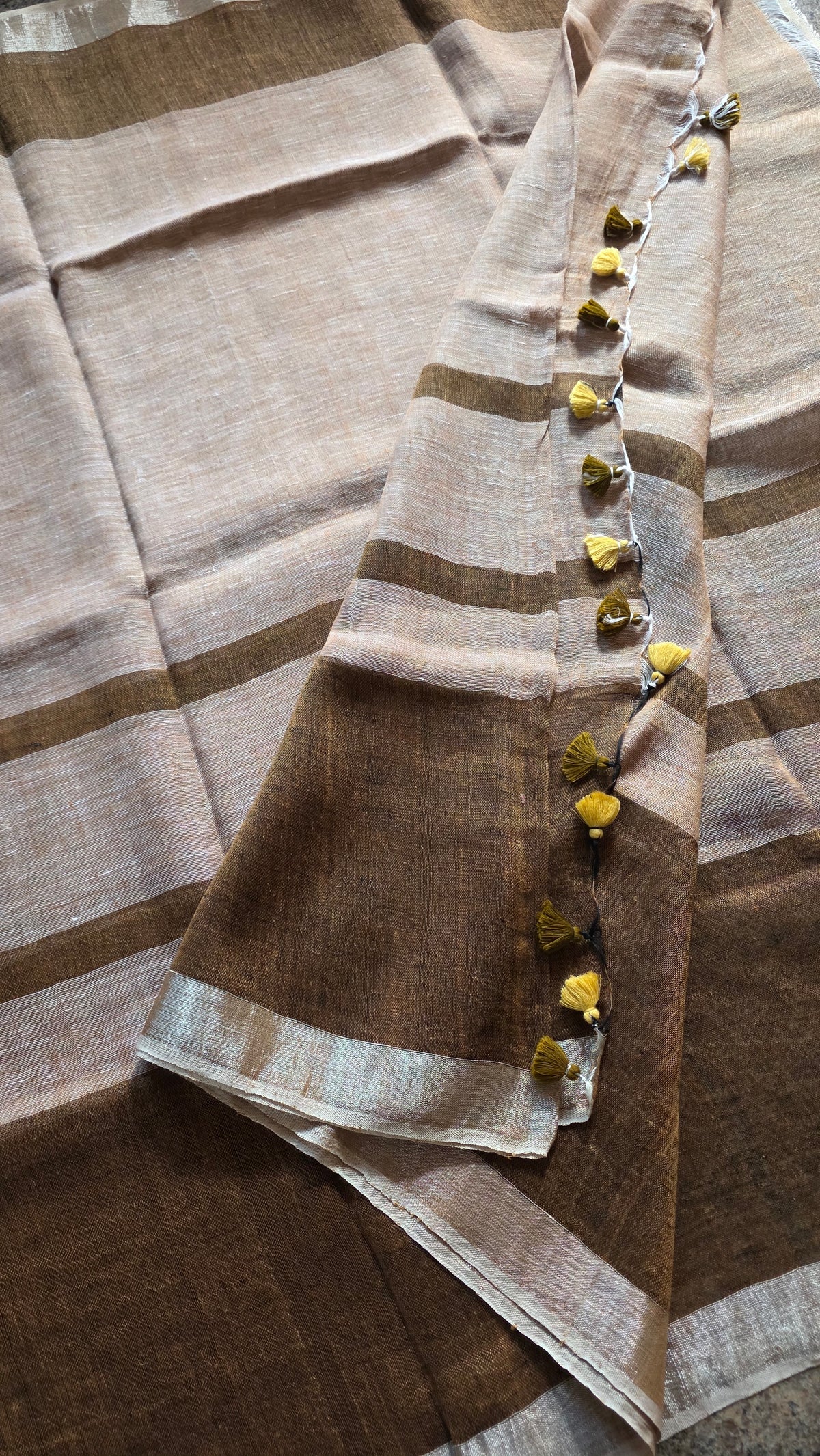 Beige & Brown Striped Handloom Linen Saree with Silver Zari Border