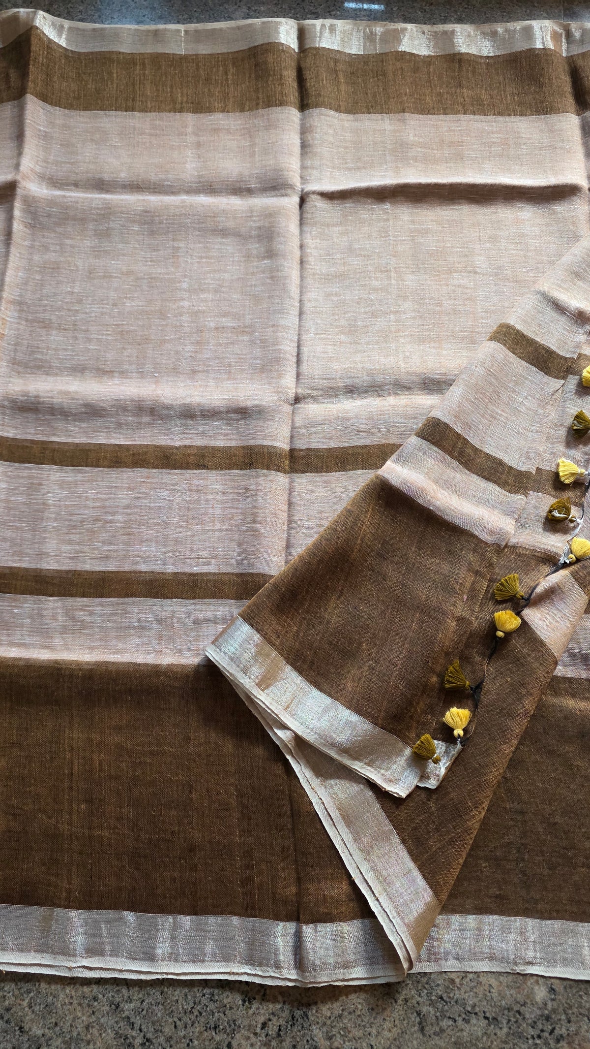 Beige & Brown Striped Handloom Linen Saree with Silver Zari Border