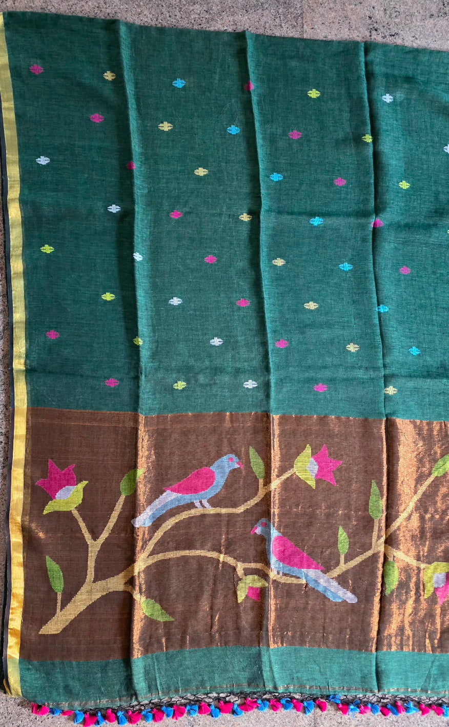 Bottle Green Handloom Linen Saree with Paithani Parrot Pallu