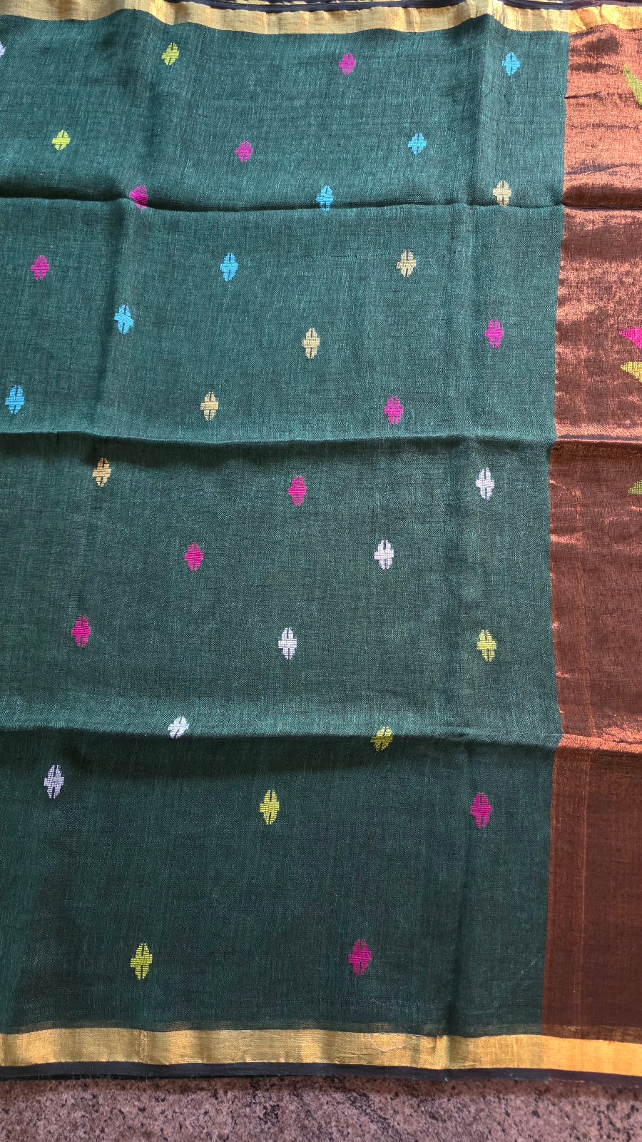Bottle Green Handloom Linen Saree with Paithani Parrot Pallu