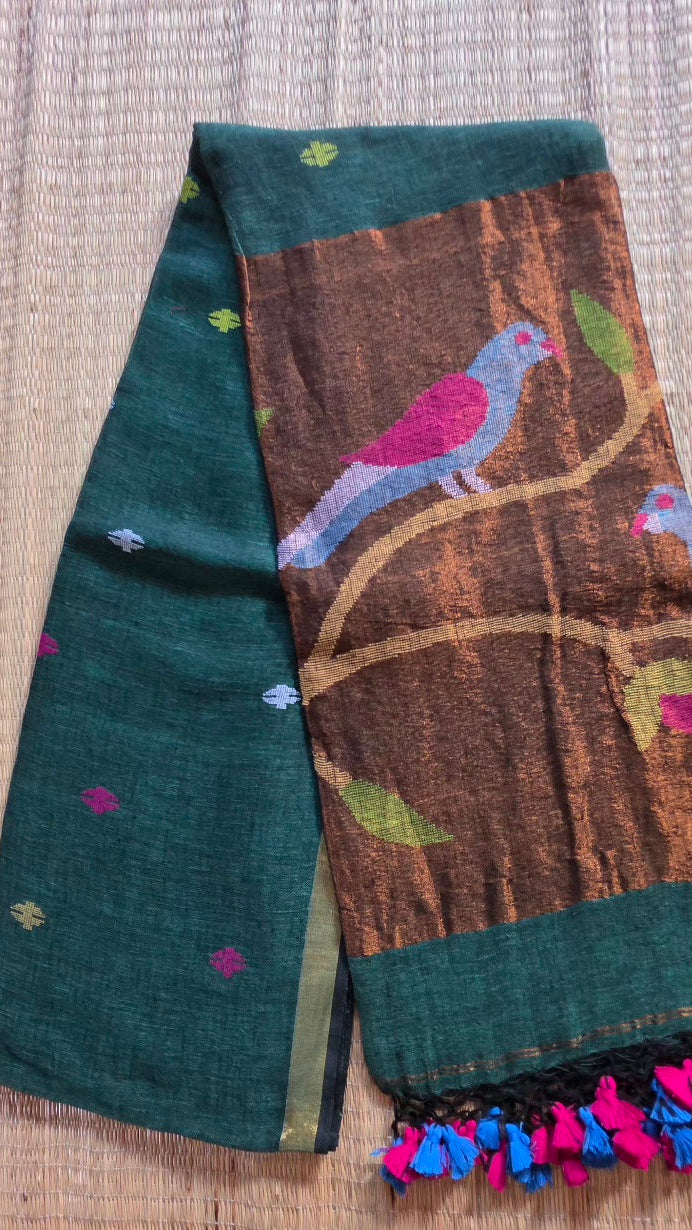 Bottle Green Handloom Linen Saree with Paithani Parrot Pallu