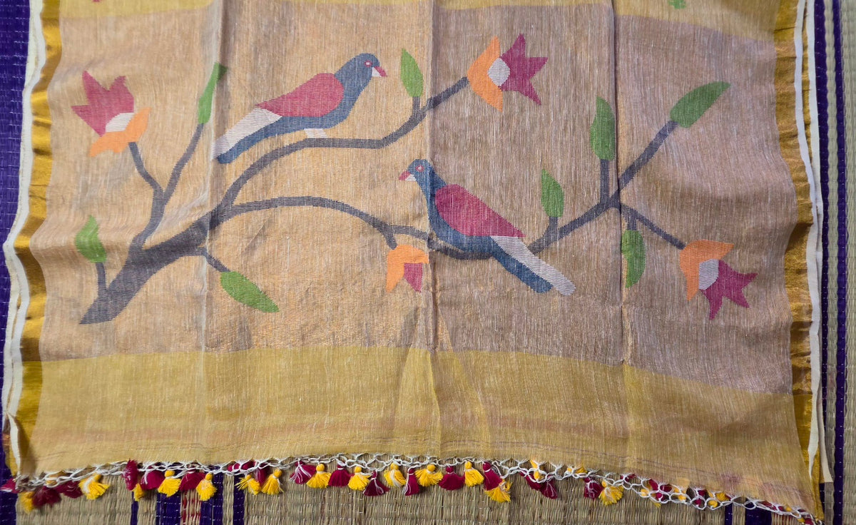 Yellow Handloom Linen Saree with Paithani Parrot Pallu