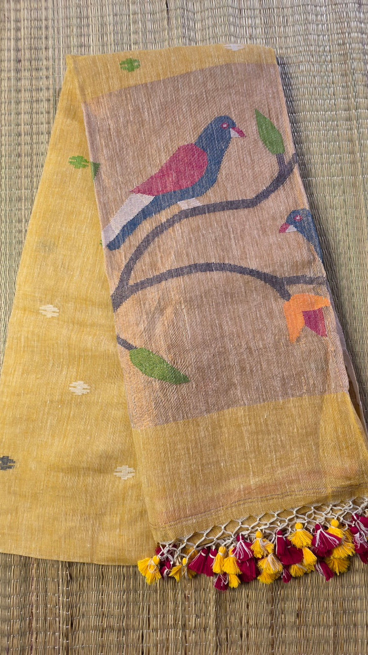 Yellow Handloom Linen Saree with Paithani Parrot Pallu