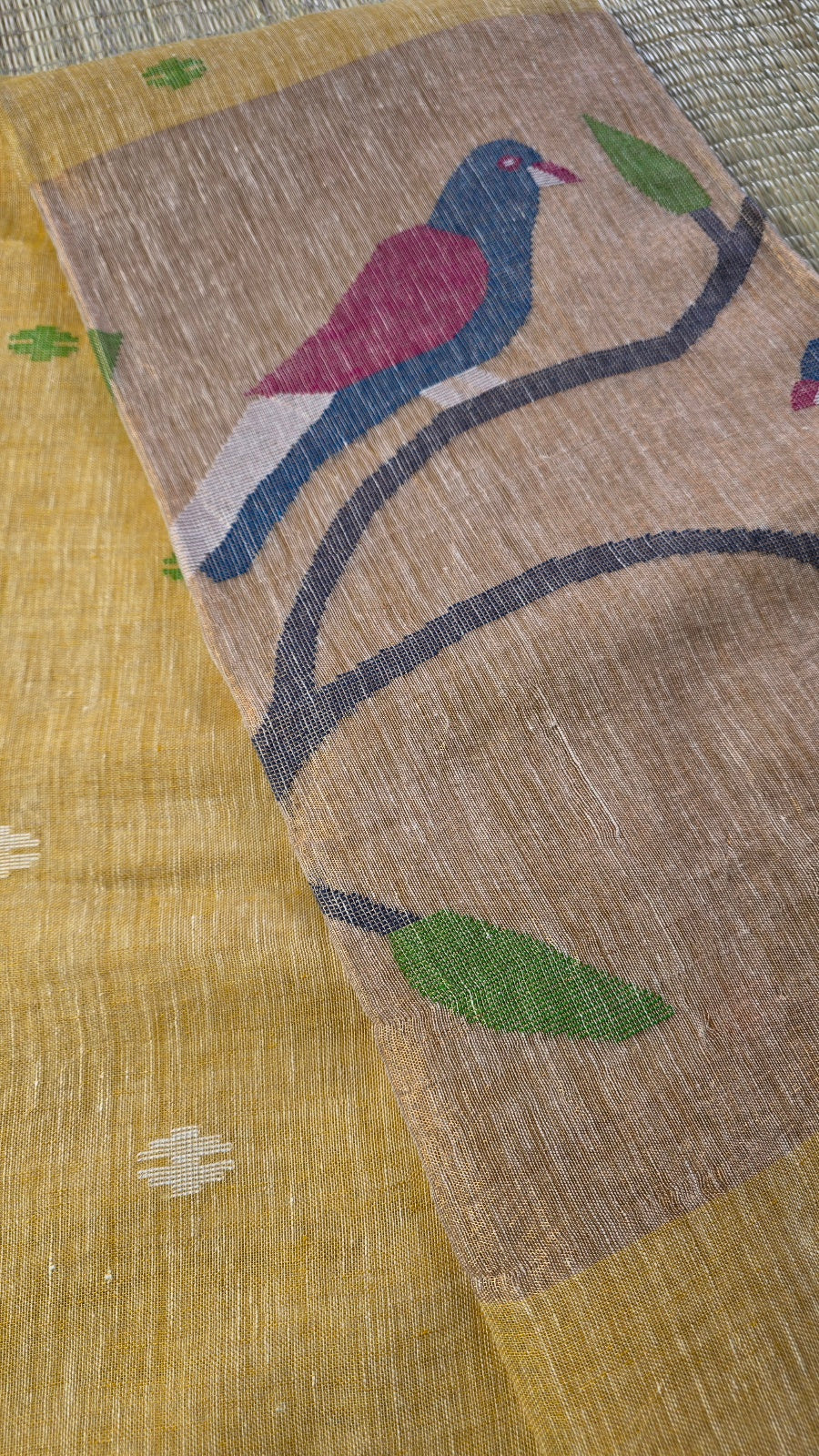 Yellow Handloom Linen Saree with Paithani Parrot Pallu