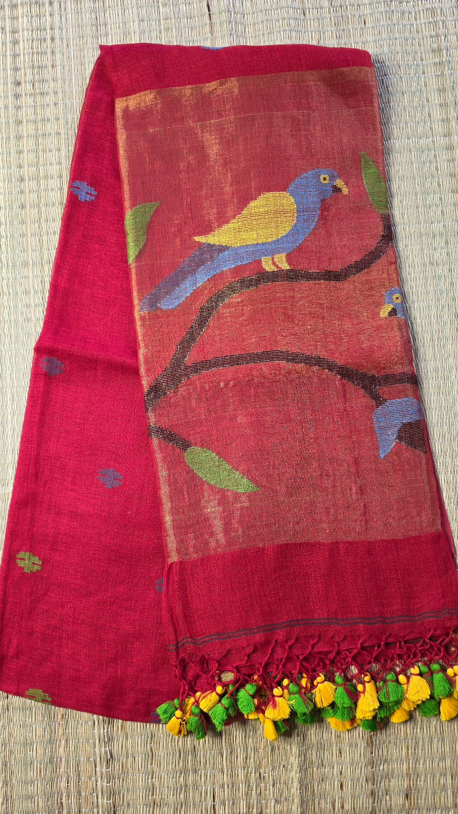 Red Handloom Linen Saree with Paithani Parrot Pallu