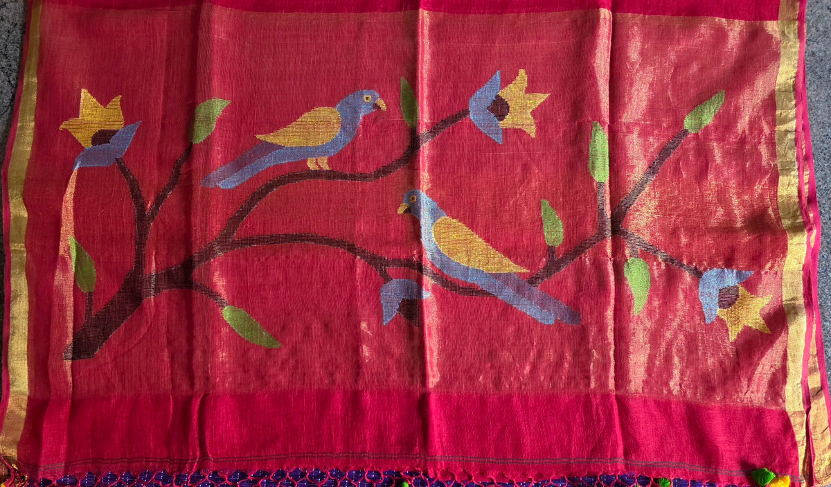 Red Handloom Linen Saree with Paithani Parrot Pallu