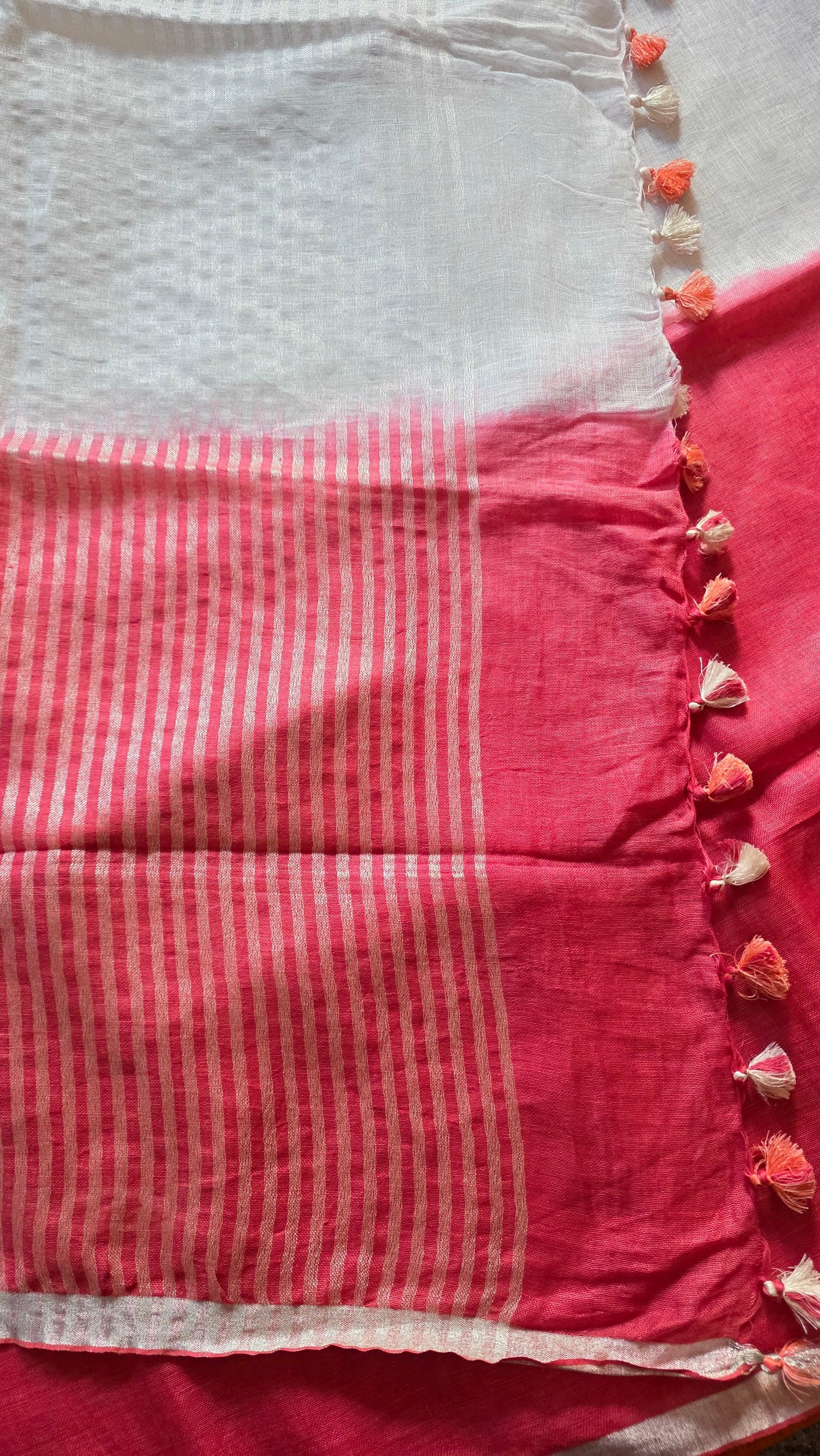 White & Pink Handloom Linen Saree with Floral Hand Embroidery