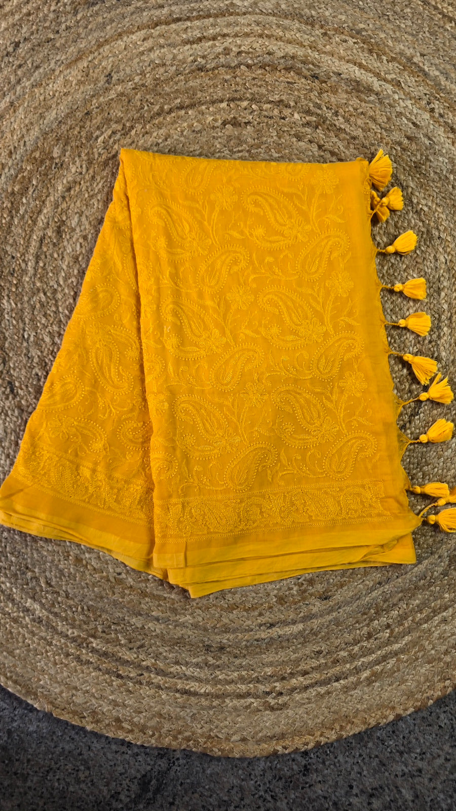 Marigold Yellow Handloom Mul Cotton Saree with Chikankari Embroidery