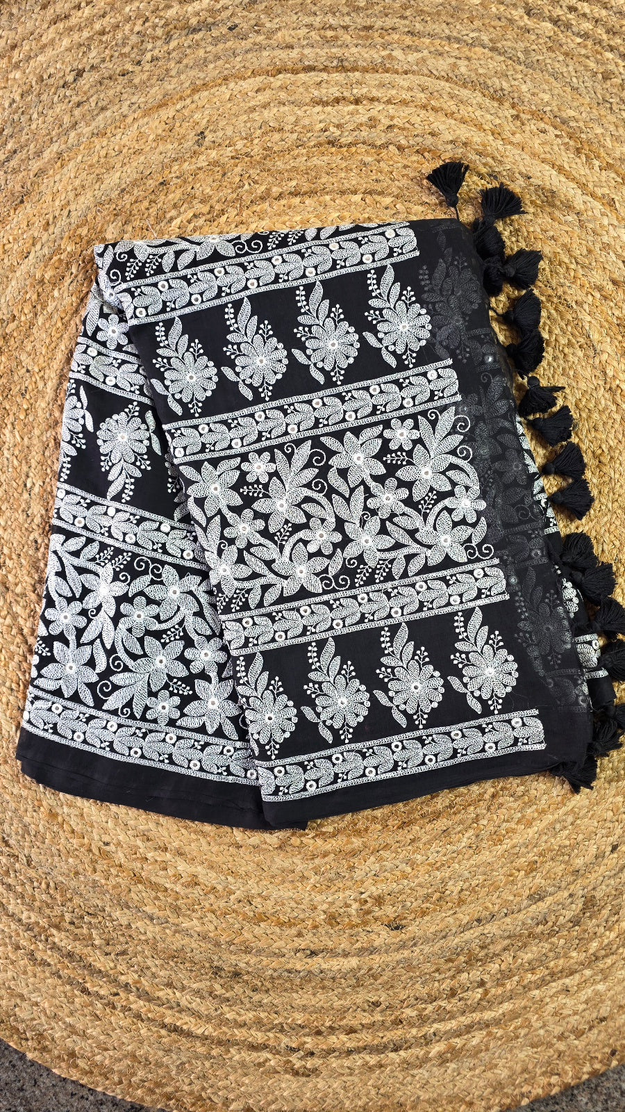 Black Handloom Mul Cotton Saree with White Embroidery and Mirror Work