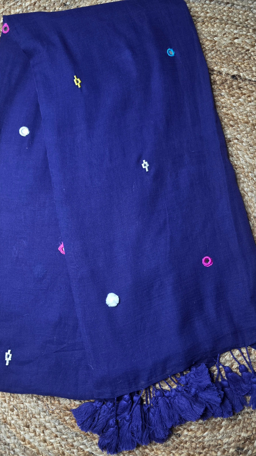 Purple Handloom Mul Cotton Saree with Pom Poms and Mirror Work
