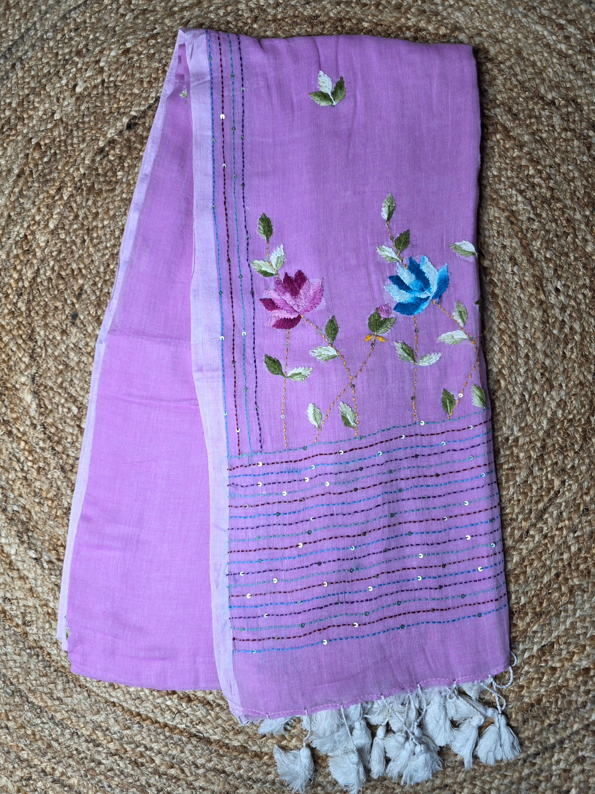 Lilac Handloom Mul Cotton Kantha Saree with Hand-Embroidered Lotuses