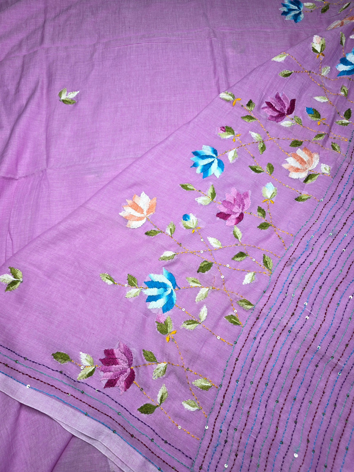 Lilac Handloom Mul Cotton Kantha Saree with Hand-Embroidered Lotuses