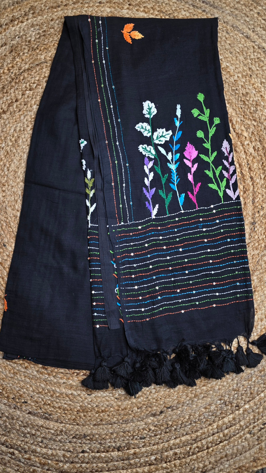 Black Handloom Mul Cotton Kantha Saree with Multicolour Leaf Embroidery