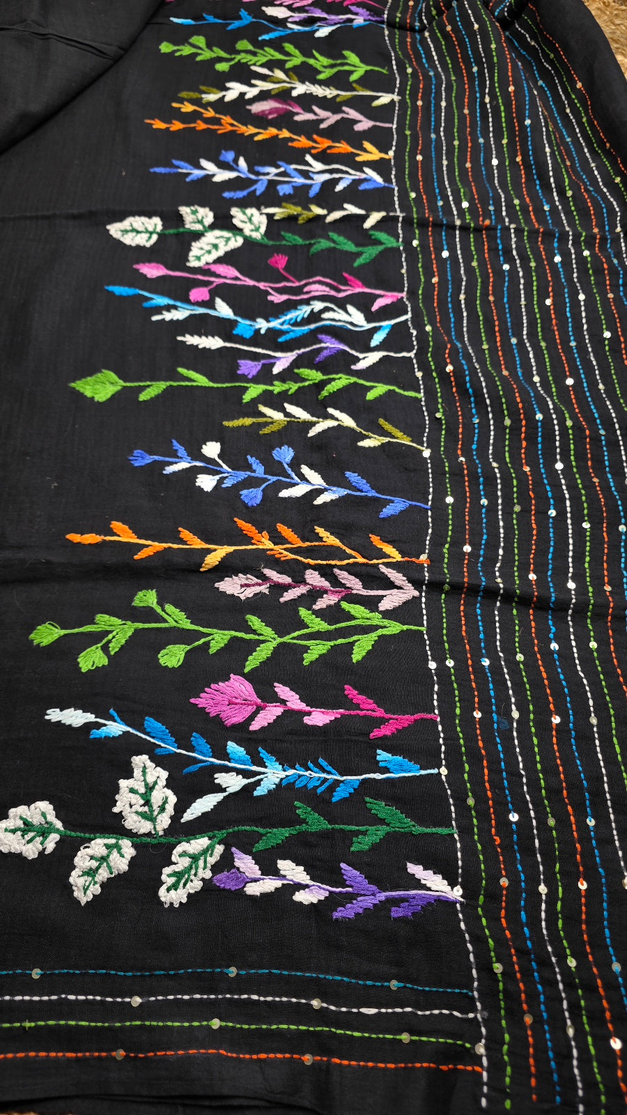 Black Handloom Mul Cotton Kantha Saree with Multicolour Leaf Embroidery