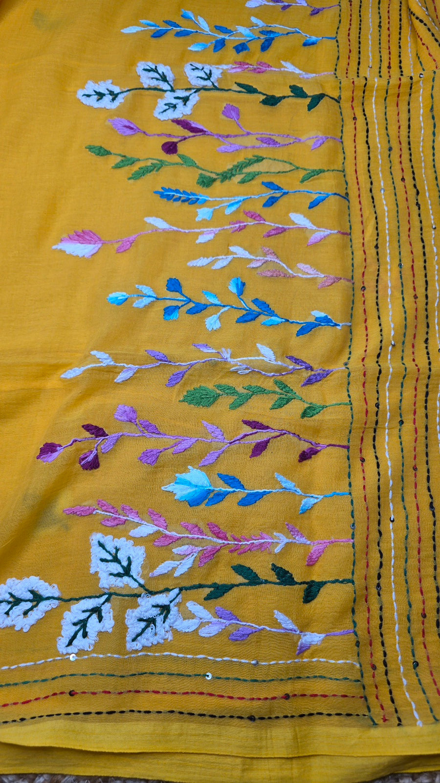 Bright Yellow Handloom Mul Cotton Kantha Saree with Multicolour Floral Embroidery
