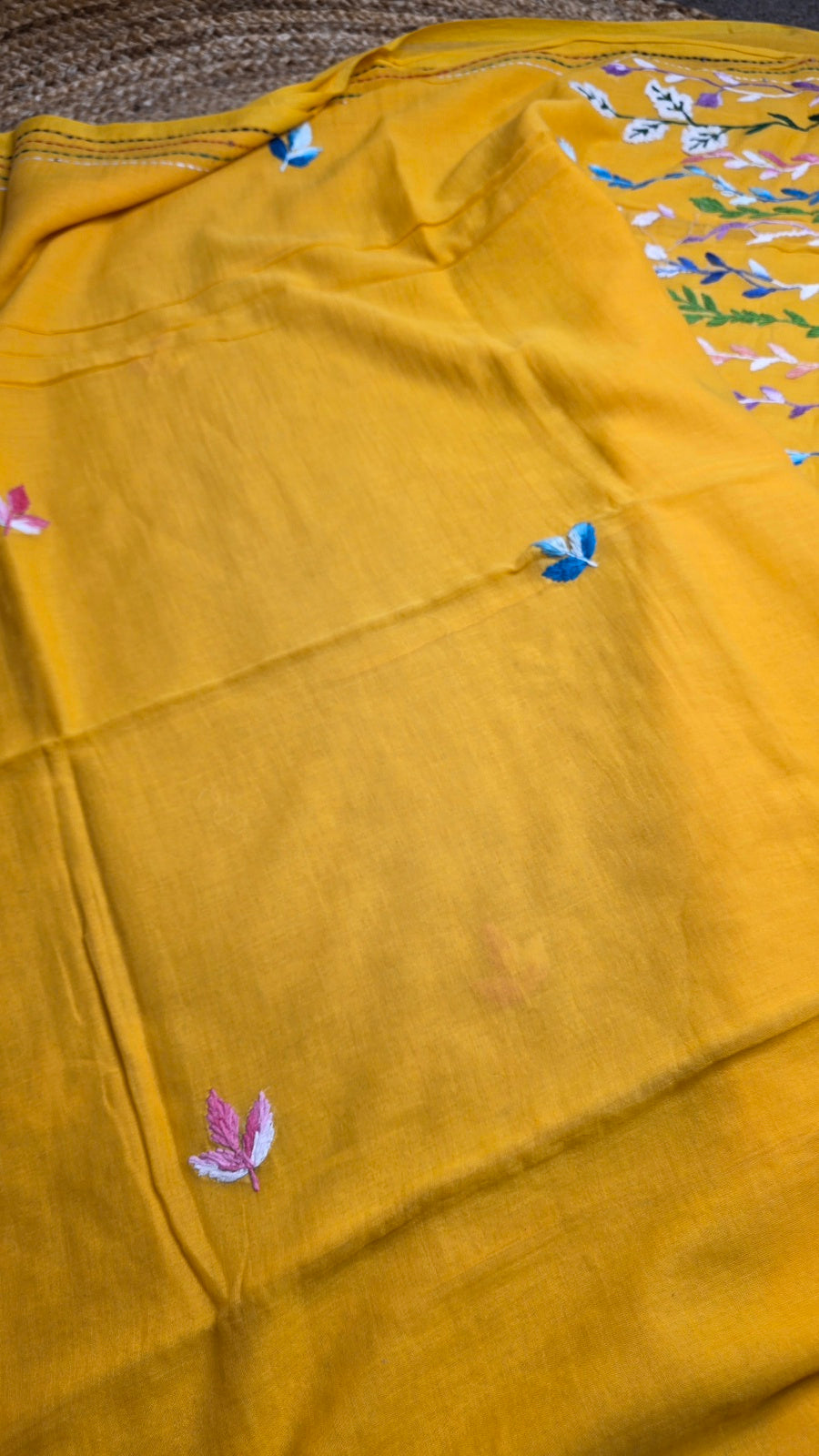 Bright Yellow Handloom Mul Cotton Kantha Saree with Multicolour Floral Embroidery