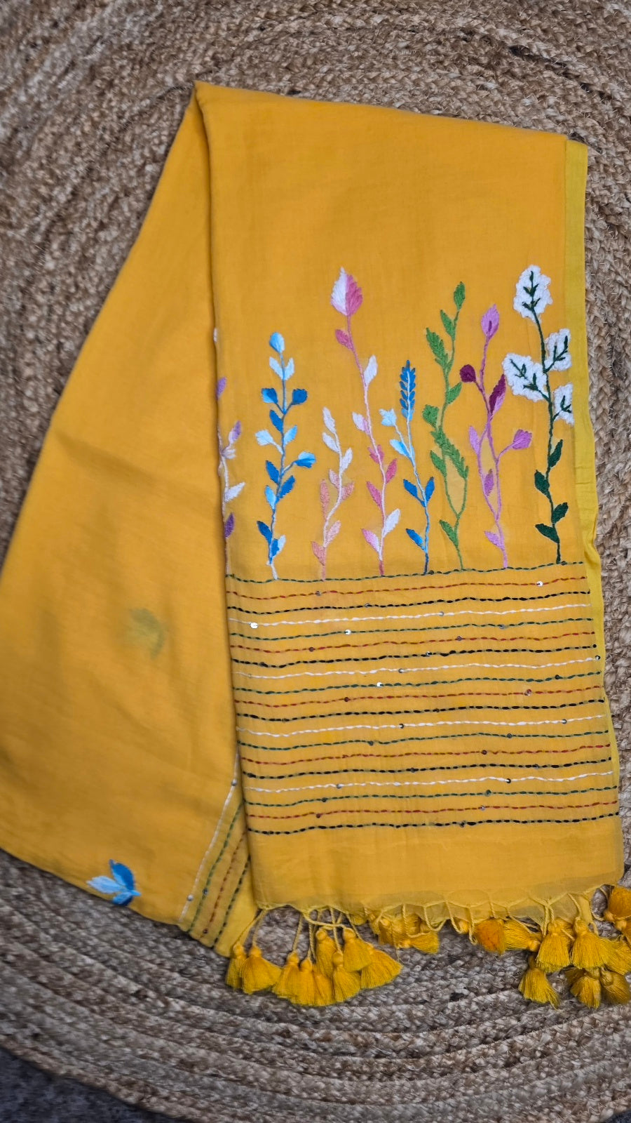 Bright Yellow Handloom Mul Cotton Kantha Saree with Multicolour Floral Embroidery