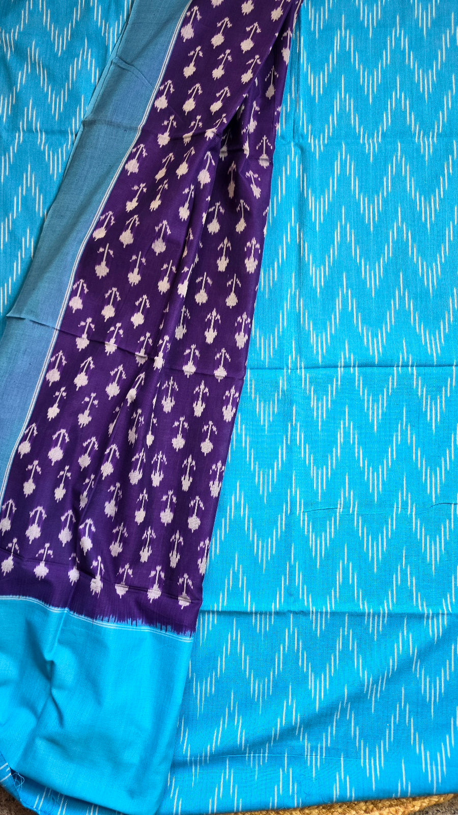 Turquoise Blue & Purple Handloom Ikat Cotton Dress Material (2 Piece)