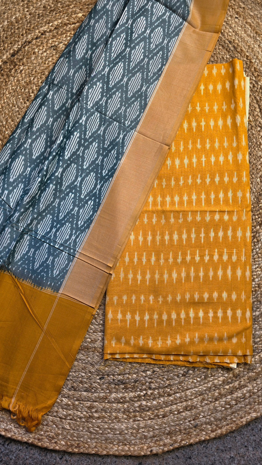 Yellow & Grey Handloom Ikat Cotton Dress Material (2 Piece)